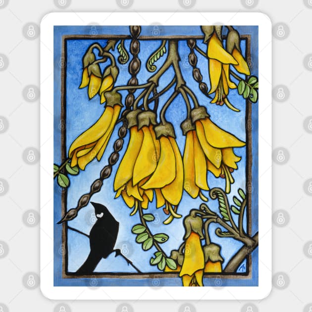 Tui in the kowhai tree Sticker by AprilAppleArt